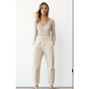 Zara Women's 6 Paperbag Waist Baggy Balloon Jeans Cream Ivory Denim